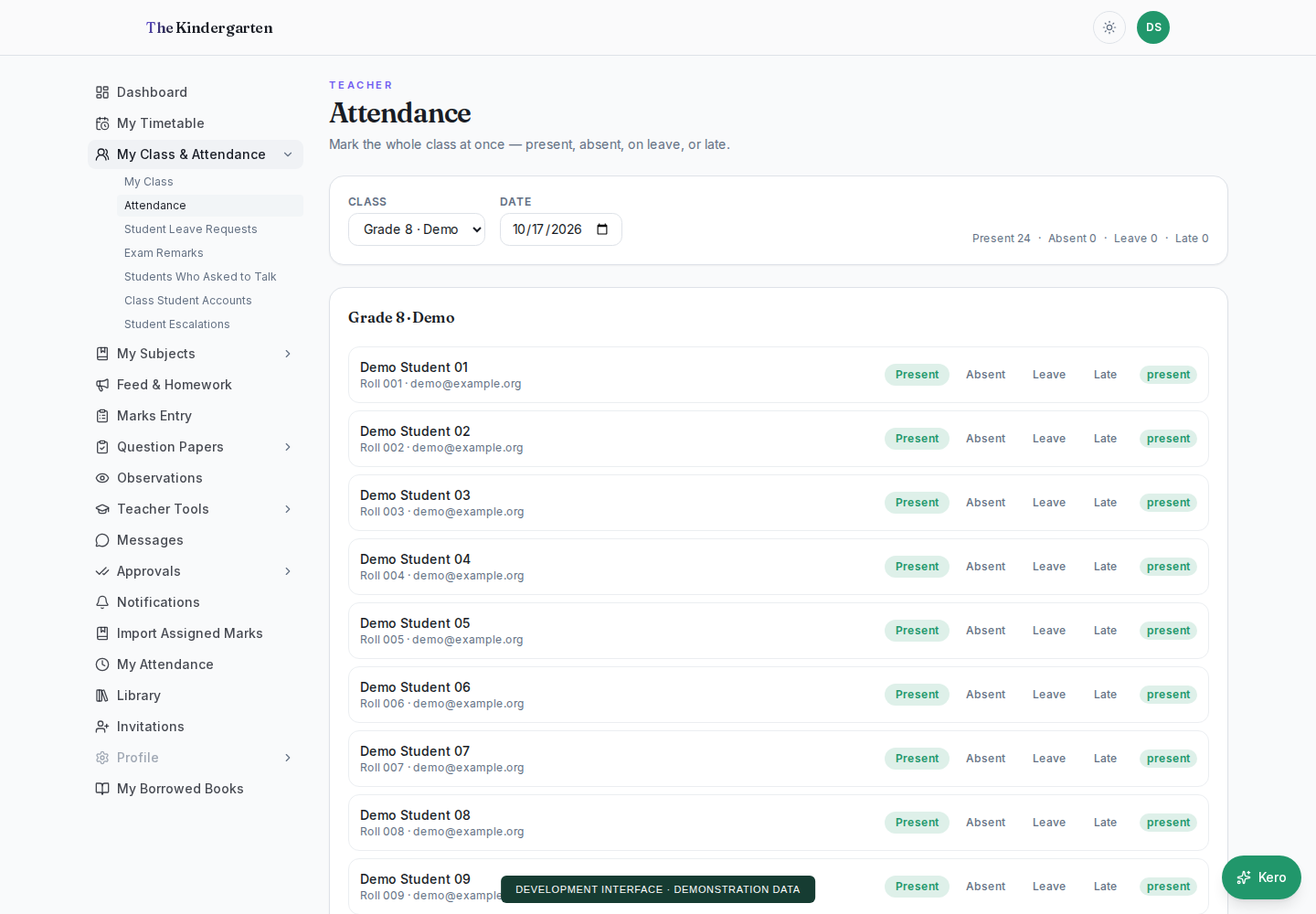 Teacher attendance interface with fictional Demo Student entries and attendance status controls