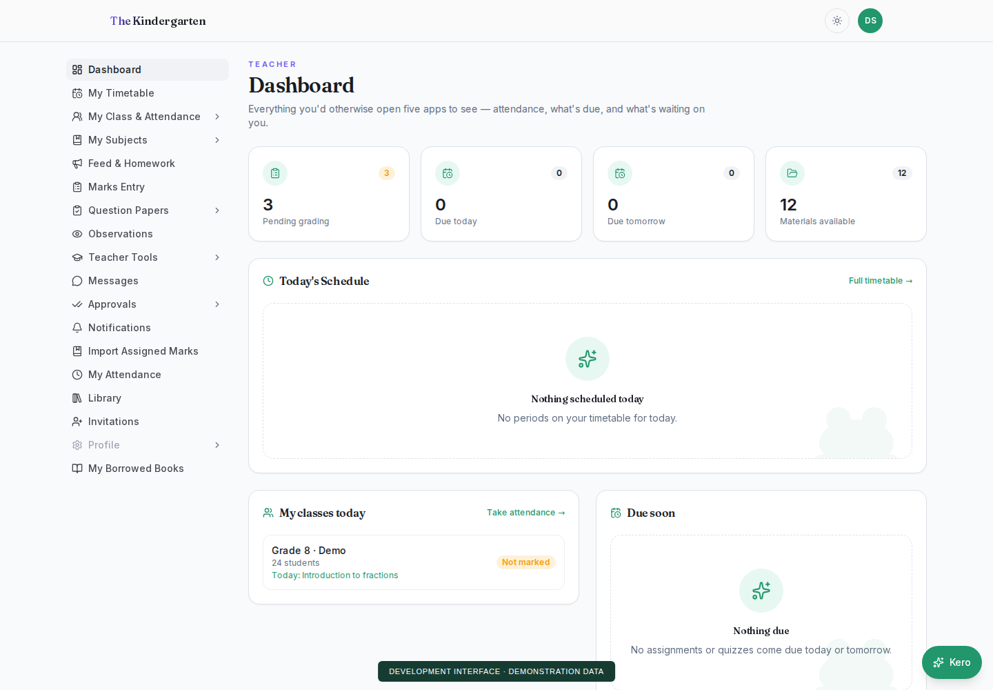 The Kindergarten teacher dashboard showing grading, resources and class tasks with demonstration data